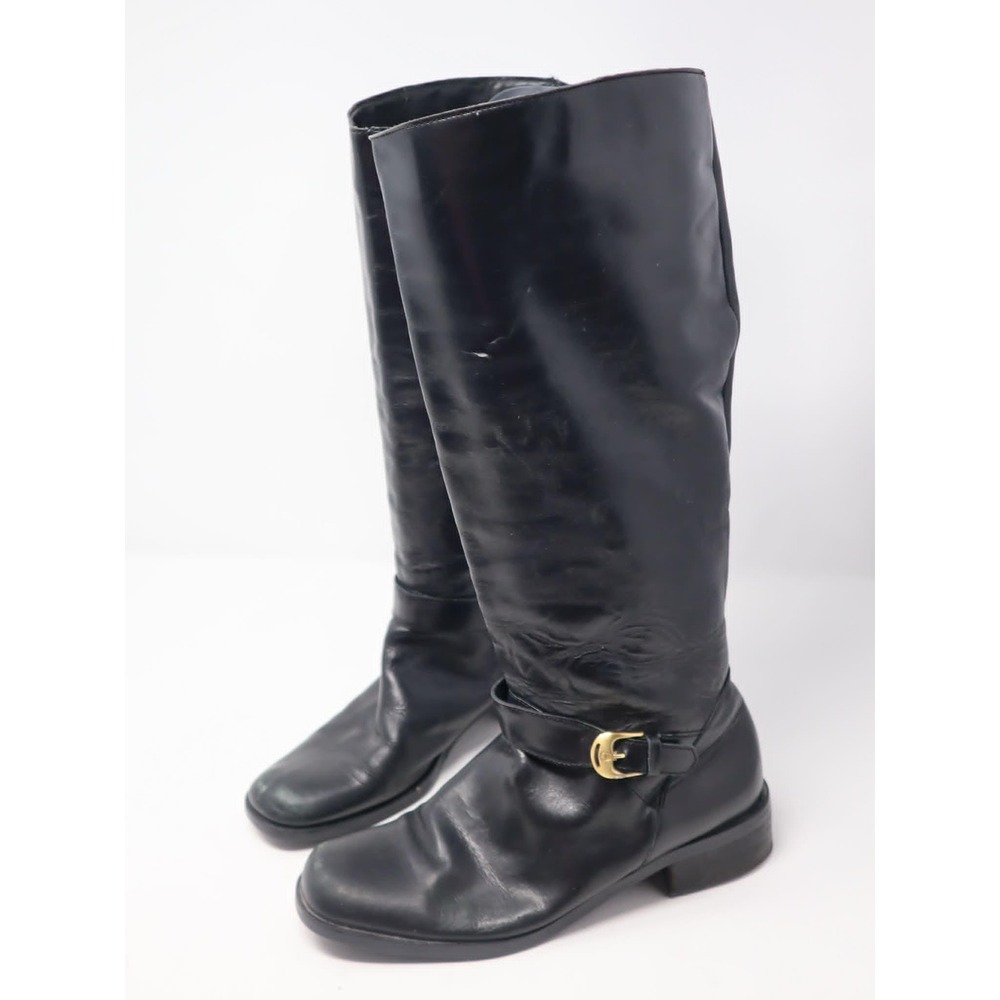 Black Riding Boots 7.5 Etienne Aigner Women Leather Tall Gold Buckle SH259